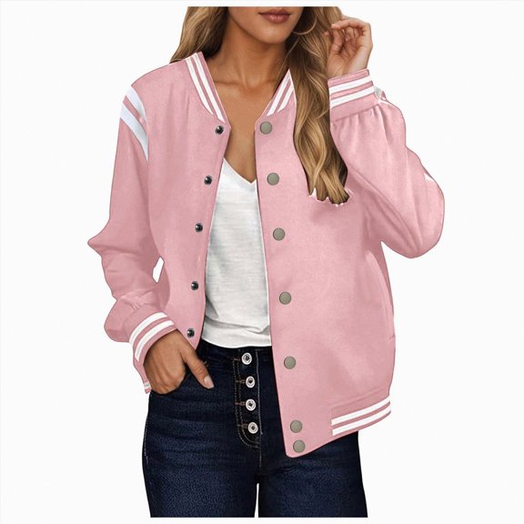 enyan Winter Clothing for Women Long Sleeve Lightweight Outwear Bomber Coats with Pockets Pink,M