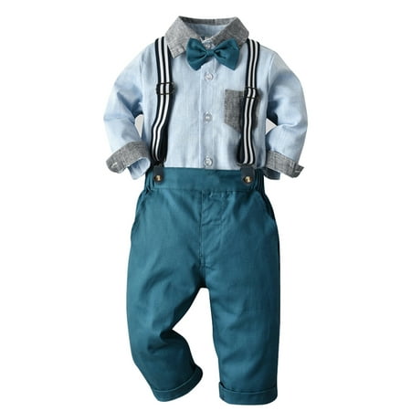 

IMEKIS Baby Boys Fall Clothes Toddler Gentleman Ring Bearer Wedding Party Christmas Bowtie Dress Shirt Suspenders Pants Baptism Christening Outfits for Boys 18-24 Months Light Blue + Green