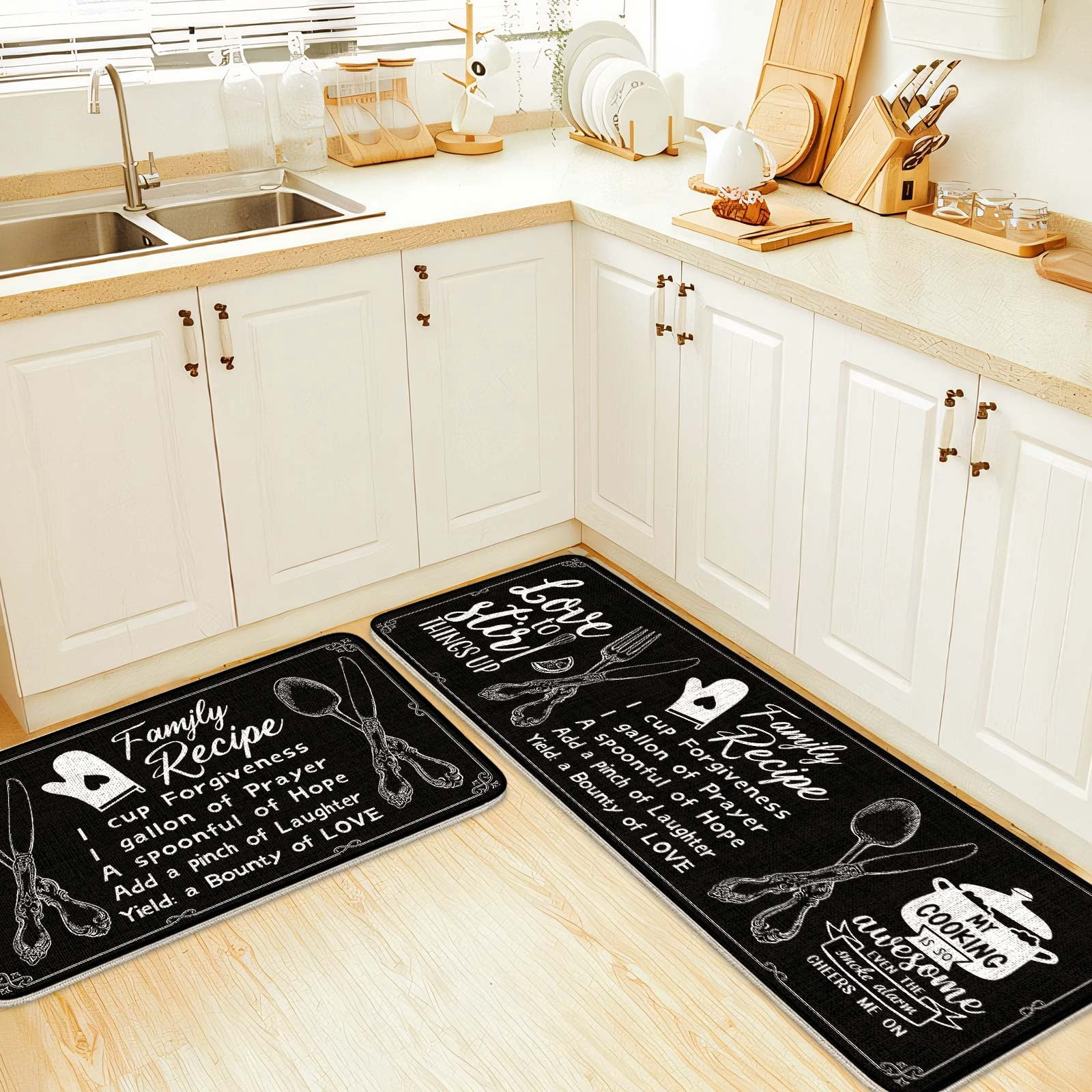 Black Farmhouse Chef Kitchen Rugs and Mats Set of 2, 17"x47"+17"x30" Non-Slip Machine Washable Runner Rugs for Kitchen Floor, Soft Kitchen Mat Set for Home,Laundry Room,Chef Pattern