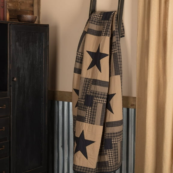 VHC Brands Check Star Cotton Primitive Decor Rod Pocket Pre-Washed Appliqued Throw, Raven Black