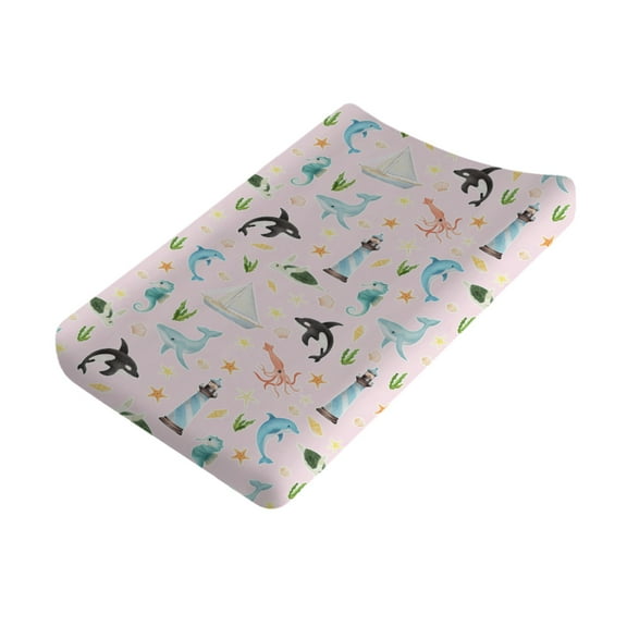 Baby Pink Sea Animals Changing Pad Covers for Baby Girl 32''x 16'' Whale Sea Horse Dolphin Corals Lighthouse Boat Fitted Changing Pad Sheets Soft Nautical Life Diaper Changing Table Mat
