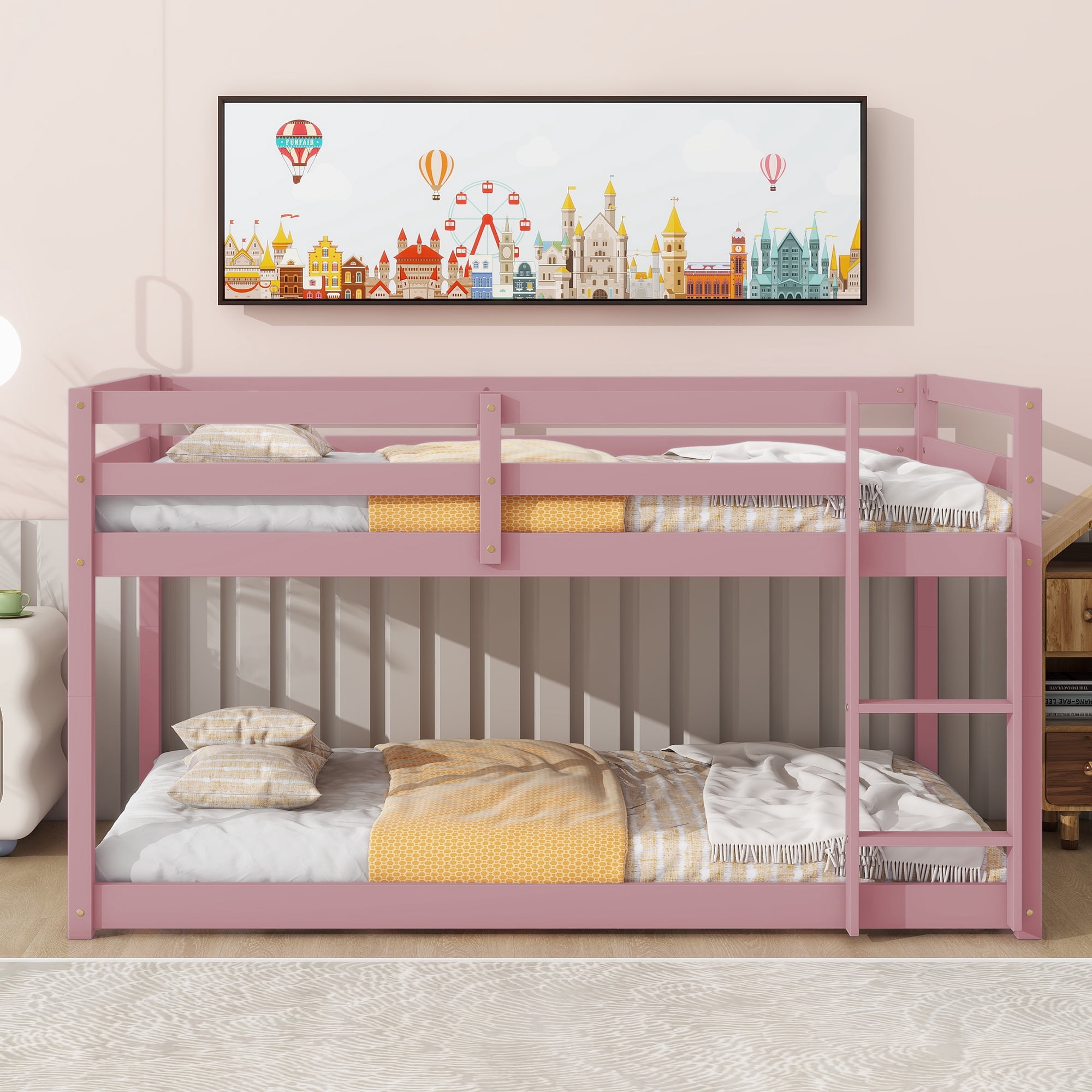 Miniyam Twin over Twin Low Bunk Bed for Kids, Pink
