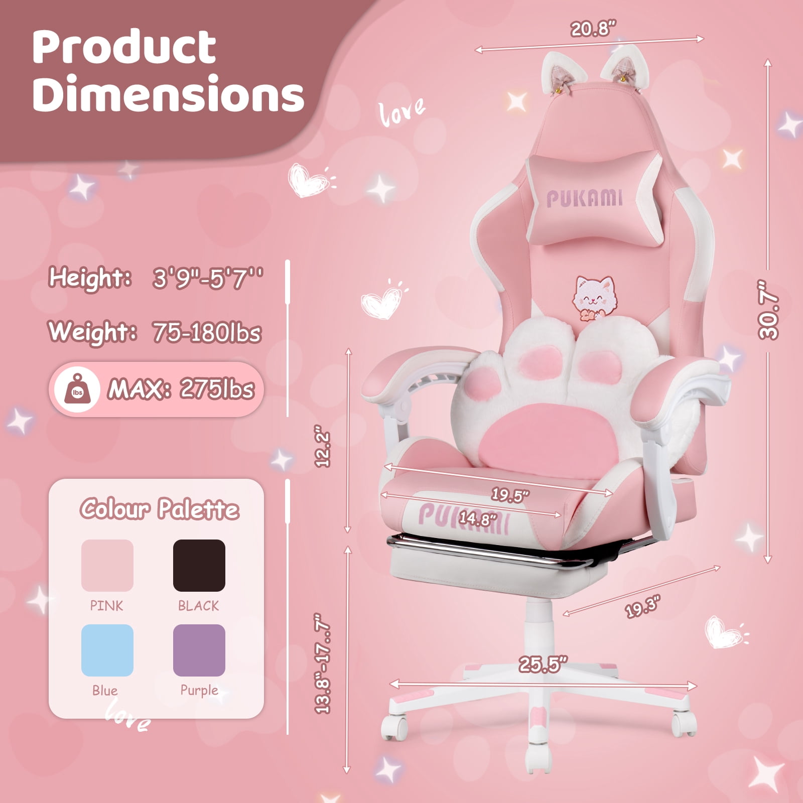 Waleaf Pink Gaming Chair with Cat Paw Lumbar Cushion and Cat Ears for Girls, Reclining Office Computer Chair with Footrest for Adults, Teens