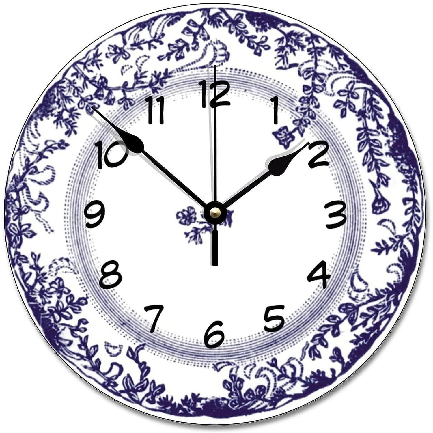 WBTAYB Vintage Blue Delft Plate Wall Clock Rustic Wood Clock 10 Inch