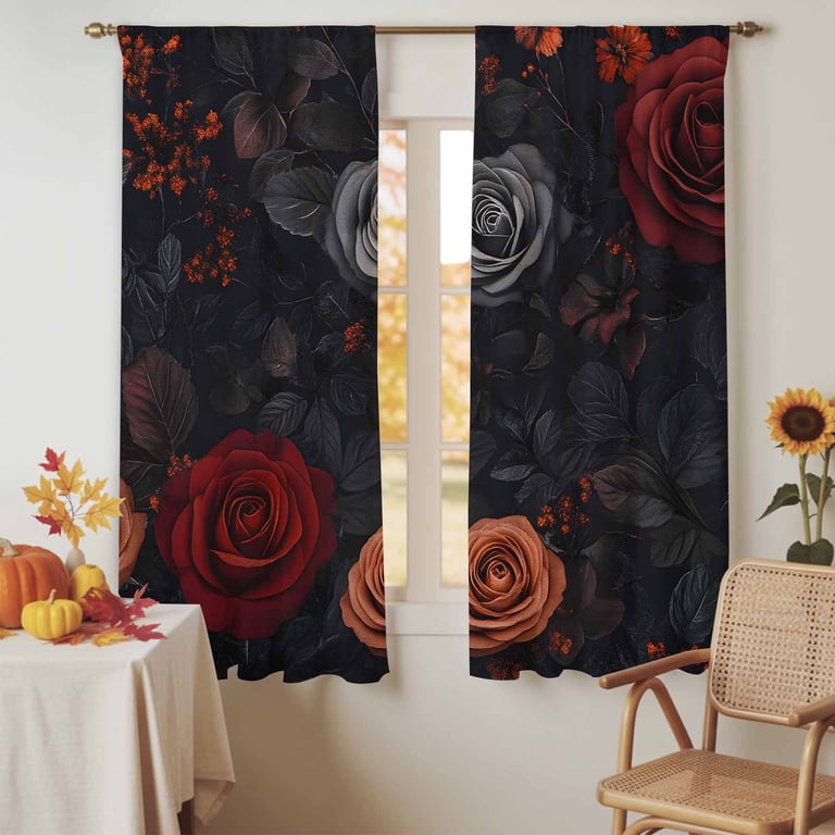 Semi Sheer Curtains Panels, Romantic Red Black Rose Rod Pocket Top ...