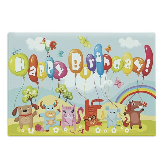 Birthday Party Cutting Board, Farm Life Animals Balloons Rainbow Clouds Village Theme Party Fun Art Print, Decorative Tempered Glass Cutting and Serving Board, Large Size, Multicolor, by Ambesonne