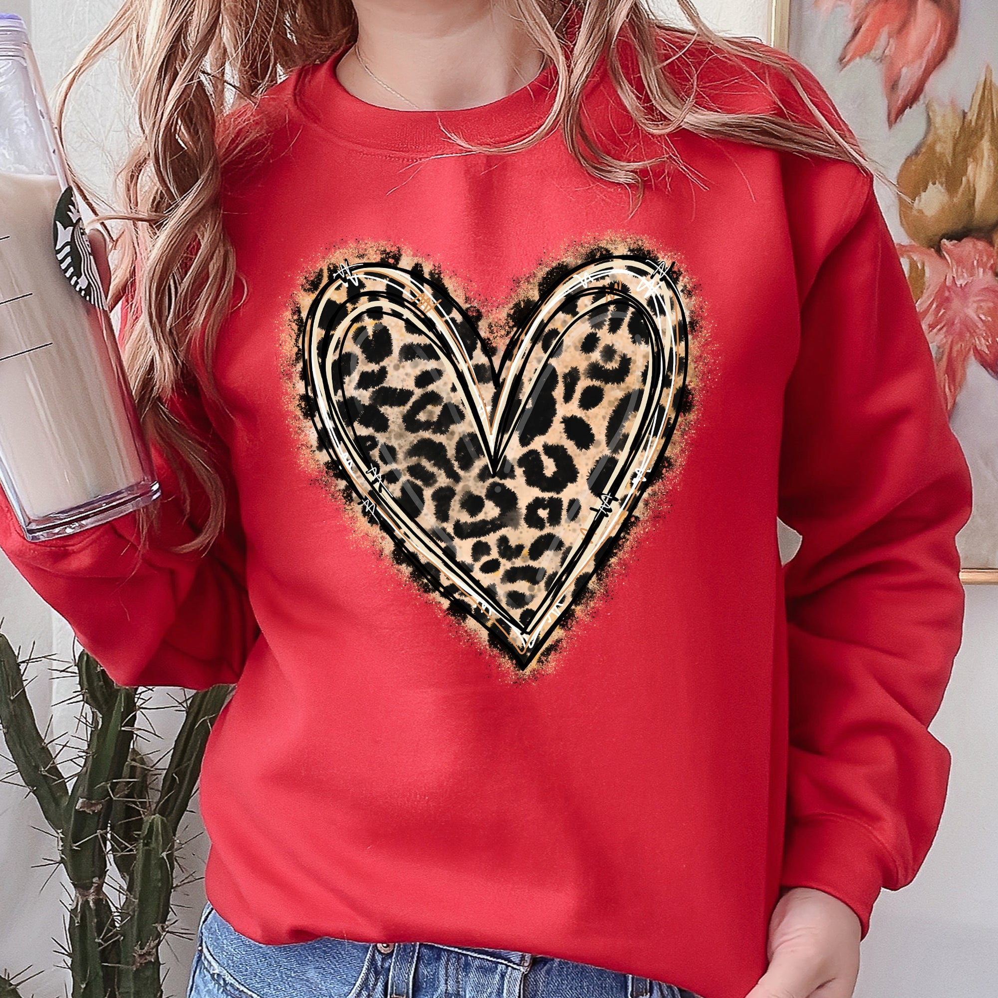Leopard Print Heart, Sweatshirt, Valentine's Day-Large / Red