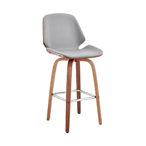 Homestock Rustic Recluse Mid Century Modern Swivel Bar Stool for Kitchen Island Counter in Gray Faux Leather and Walnut Wood, 26" Seat Height