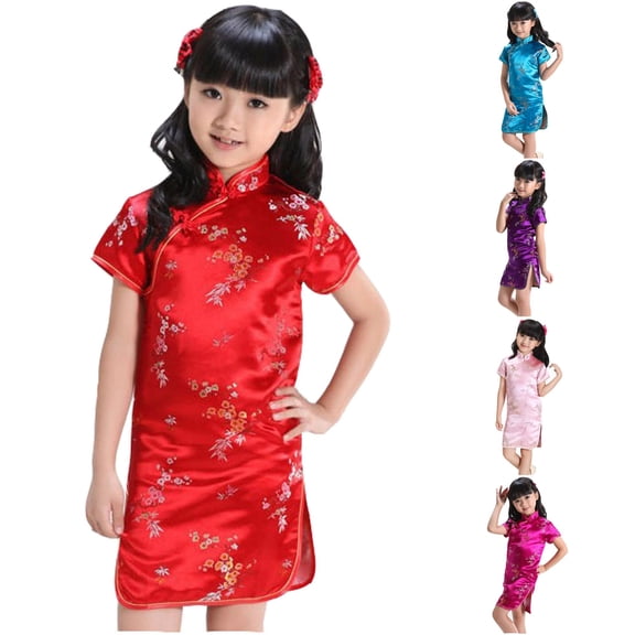 FYDUU Girls Qipao Dress New Year Clothing Traditional Style Floral Short Sleeve Cheongsam Dresses Kids Birthday Party Dress 18-24 Months
