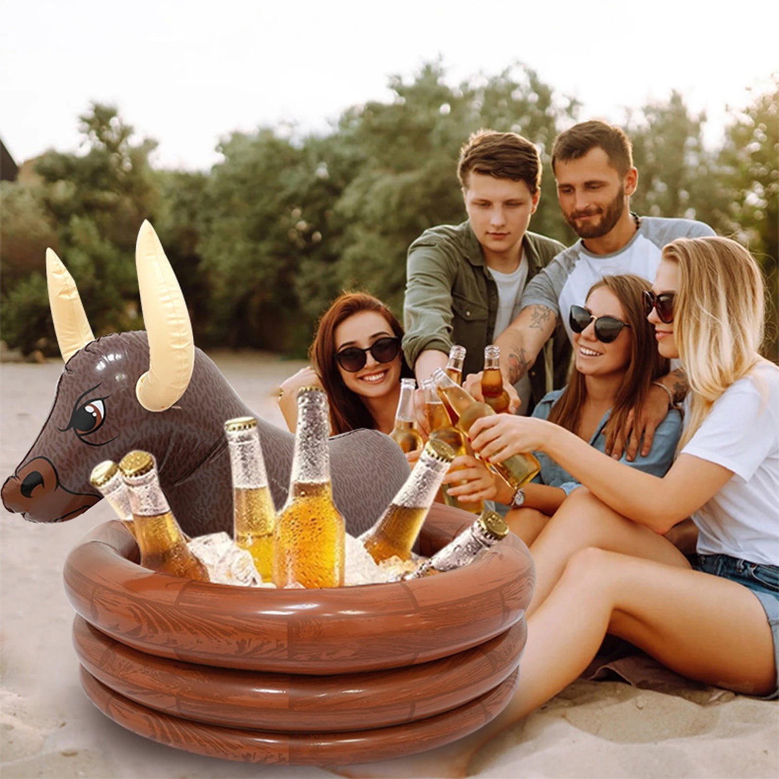 Inflatable Water Bull Ice Bucket - with Rings Toss, Bull Cooler Beverage Serving Container - Ideal for Beach, Pool, Camping Interactive Gamesch