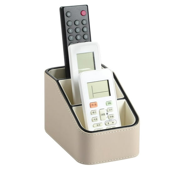 PU Leather Remote Control Holder, Small Desk Organizer Office Supply Bedside Caddy for Nightstand End Table Couch, Pen Remote Organizer with 3 Compartments (Cream)