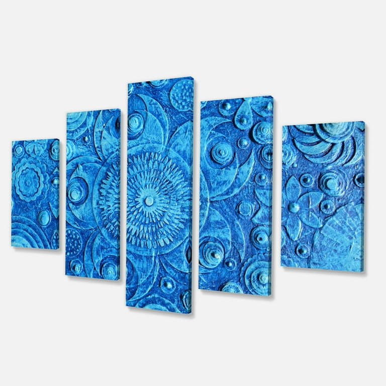 DESIGN ART Designart Circle Blue Flowers Digital Art on Wrapped Canvas set  48 in. wide x 28 in. high - 4 Panels 