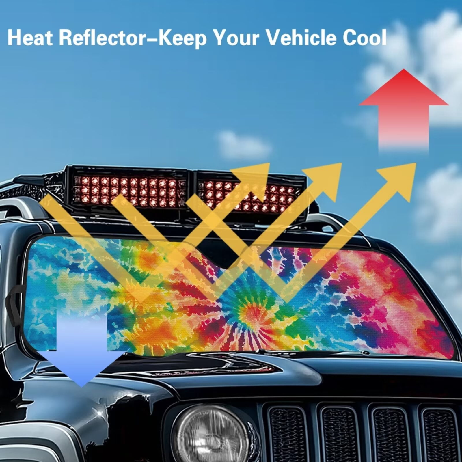 Uorisanigo Windshield Sun Shade for 2007-2023 Wrangler Rubicon Sahara TJ JK JKU 2 & 4 Door - Colorful Tie Dye Sunshade Compatible with Jeep Foldable Front Window Sun Visor Block UV Rays