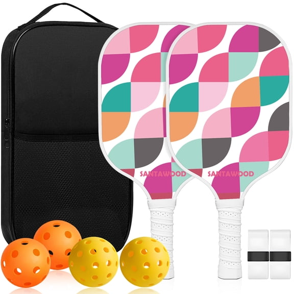 Pickleball Paddle Set of 2 - Lightweight Fiberglass Pickleball Paddles with 4 Balls, Carry Bag and Grip Tapes, Durable Pickleball Rackets for Beginners and Families