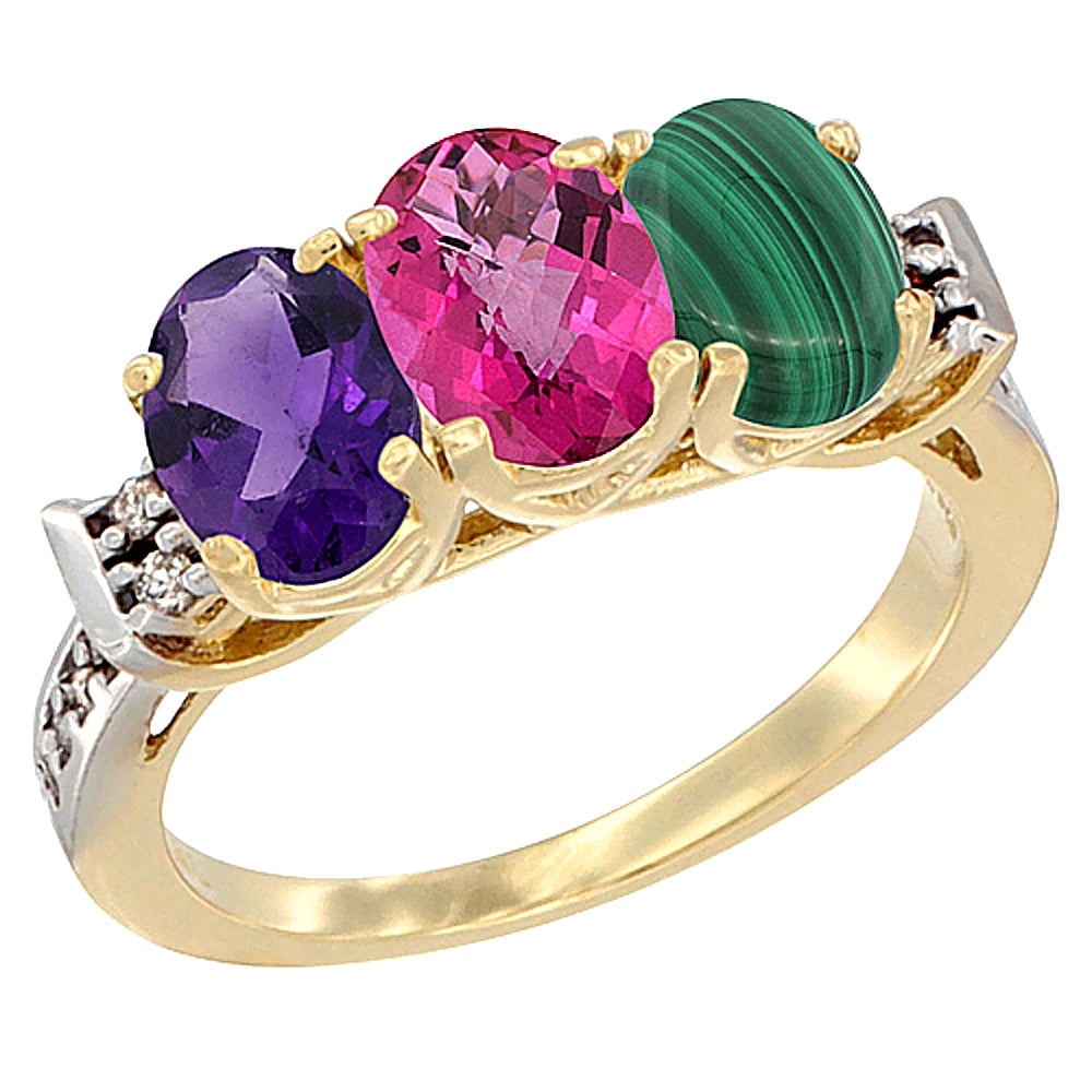 10K Yellow Gold Natural Amethyst, Pink Topaz & Malachite Ring 3-Stone Oval 7x5 mm Diamond Accent, sizes 5 10 by WorldJewels