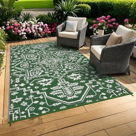 8x10 Outdoor Rug Boho Vintage Reversible Waterproof UV-Resistant Rug for Patio Deck Green White