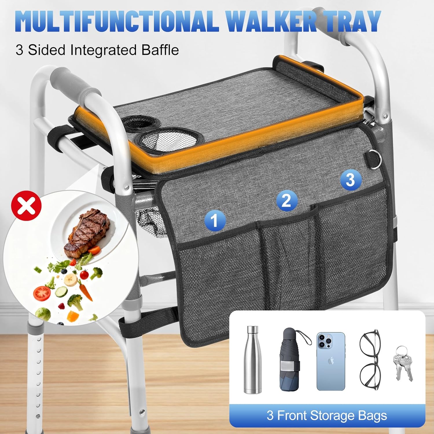 Rhino Valley Walker Tray for Folding Walker, Tray for Walkers with Non-Slip Mat for Food, 3 Front Pockets & 2 Cup Holders, Fits Most Standard Folding Walkers, Walker Accessories for Senior,Gray