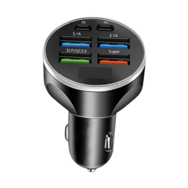 Cargador de coche,Adaptador de cargador de coche Pantalla LED de carga rápida,Enchufe de cargador de coche Carga rápida 6 en 1 multipuerto,Salida PD tipo C 5V/3A 9V/3A 12V/2.25A 120W,Cargador