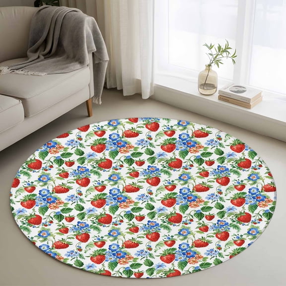 4ft Round Rug, Strawberry Non-Skid Rubber Backing Large Area Rugs - Living Room Bedroom Home Office, Summer Botanical Blue Spring Floral Indoor Floor Mat Carpets Washable Rug