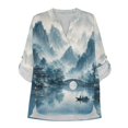thumbnail image 3 of FKELYI Faux Linen Shirts Women's Roll Up Sleeve Blouse Oriental Moutain Blue Print Soft Beach Vacation Outfits Loose Fit V-Neck Summer Top Shirts for Ladies, XL, 3 of 5