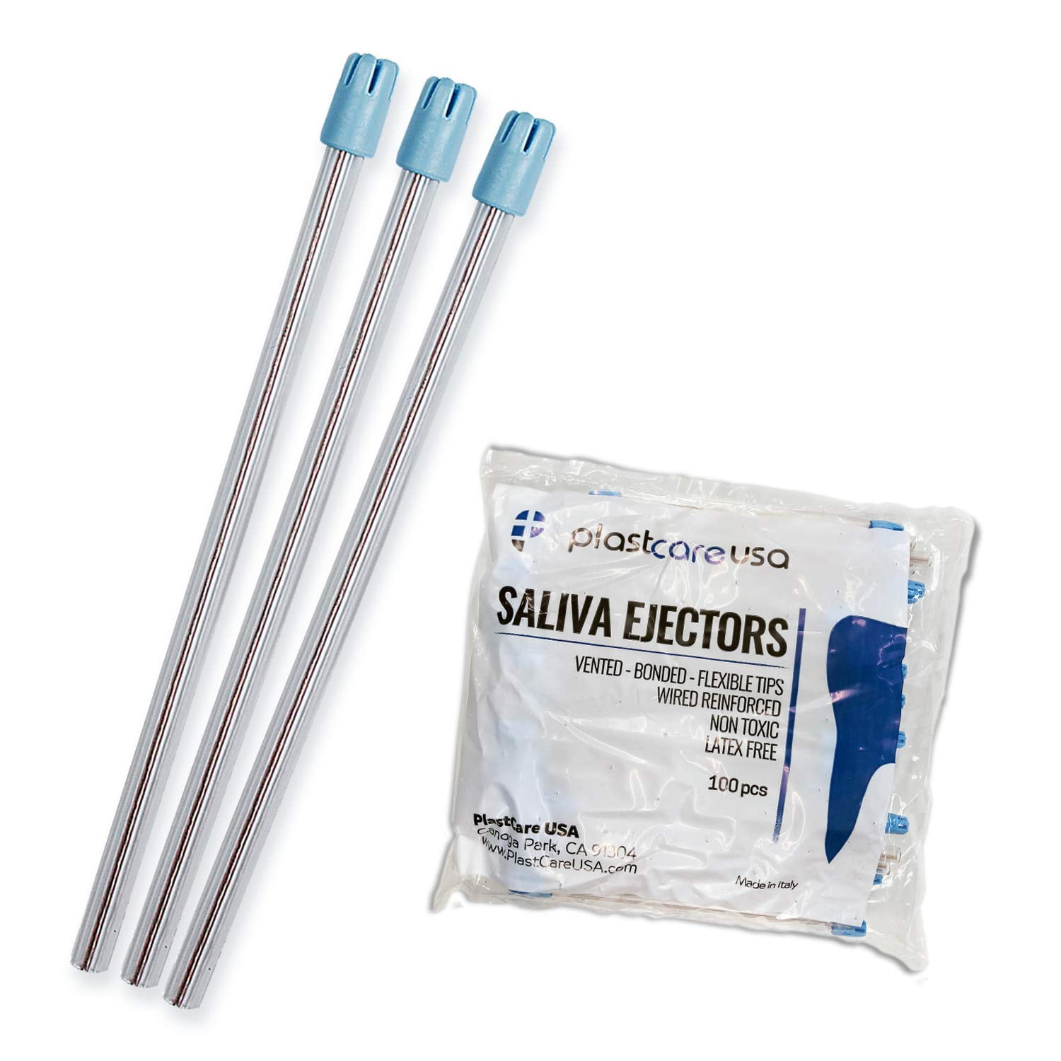 100 Dental Disposable Saliva Ejectors, Clear Body Blue Tip, Evacuation