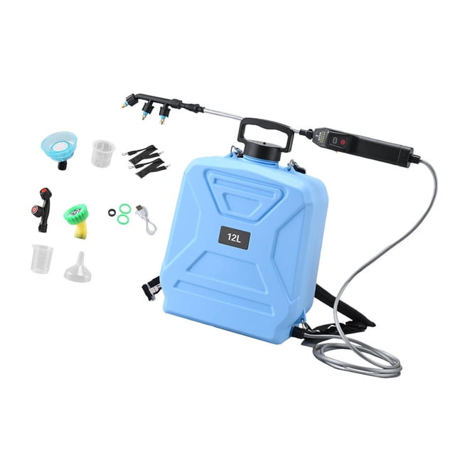 Pulverizador eléctrico de jardín de 12 l, versátil, profesional, con 2 velocidades de pulverización y varilla retráctil para interiores y exteriores. Azul