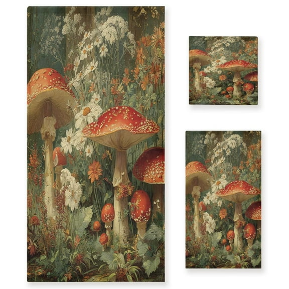 3 Piece Bath Towels Set Bath Towel, Hand Towel and Face Towel for Bathroom, Gym, Hotel Red Mushrooms