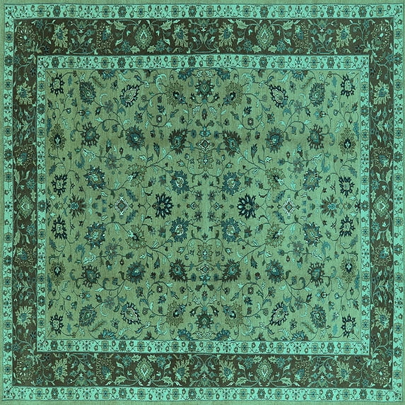 Ahgly Company Machine Washable Indoor Square Oriental Turquoise Blue Traditional Area Rugs, 5' Square