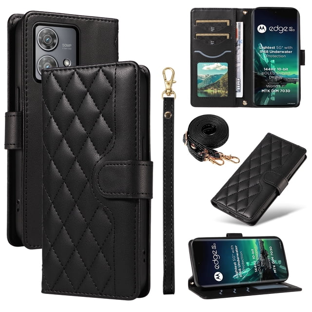 Motorola Edge 40 NEO Phone Case , Wallet Flip Cover Adjustable Crossbody Lanyard Magnetic Card Slots