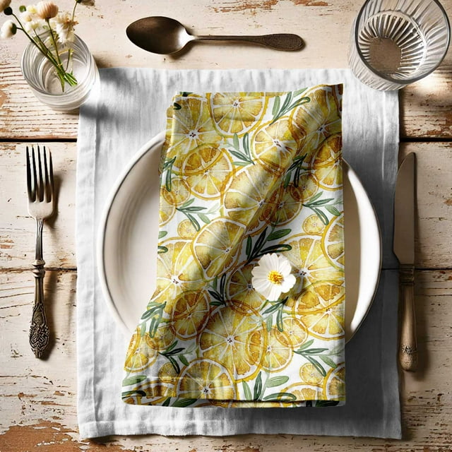 Vargottam Rustic Lemon Charm Print Cotton Napkins Set of 4, 20x20 Inches, Yellow Dinner Napkin , Perfect for Summer Dining, Rustic Table Decor, and Nature-Inspired Kitchen Themes Machine Washable
