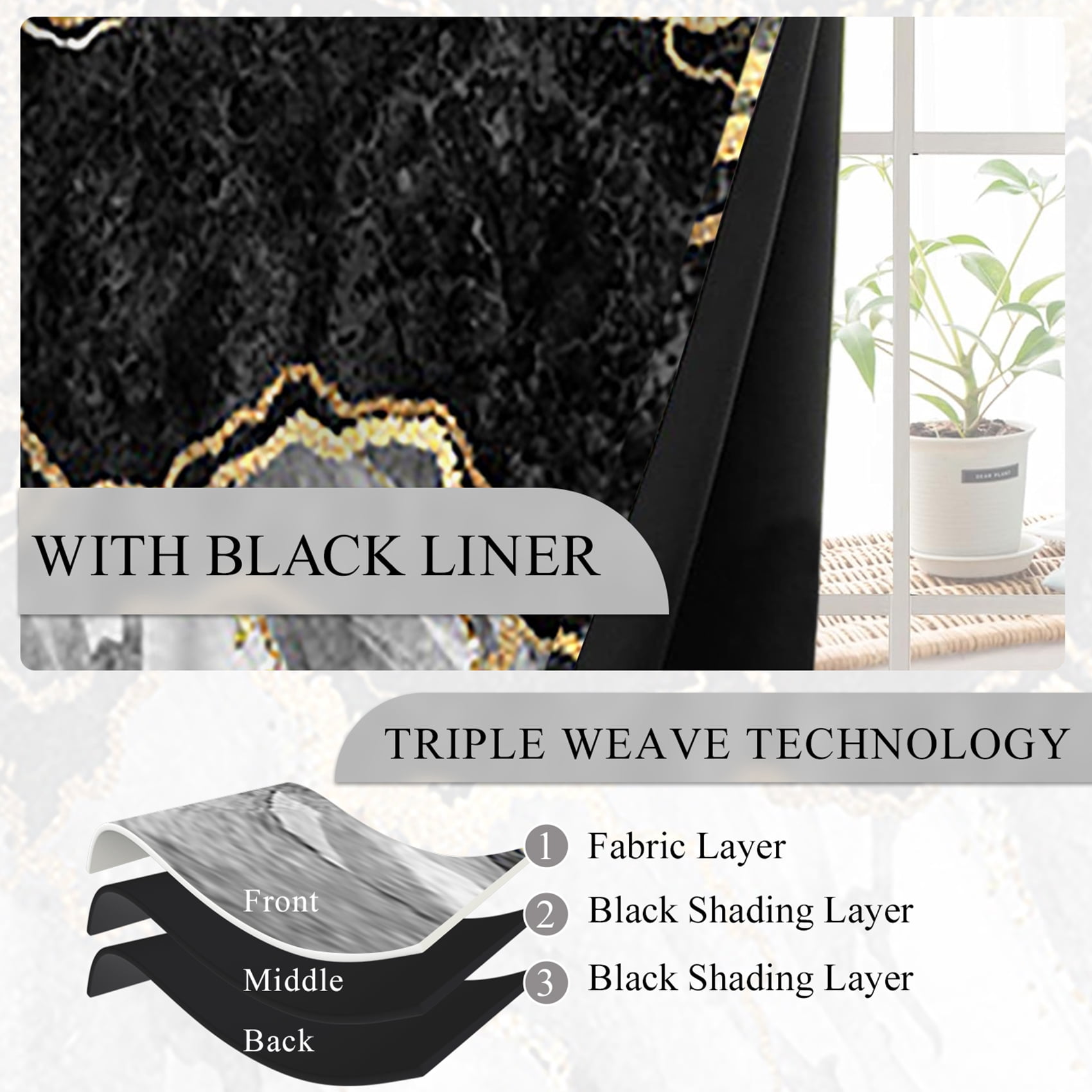 Dashan Black Gold Gray Marble Blackout Curtains for Bedroom Living Room Decor Grommet Window Drapes 42x63 Inch,2 Panels