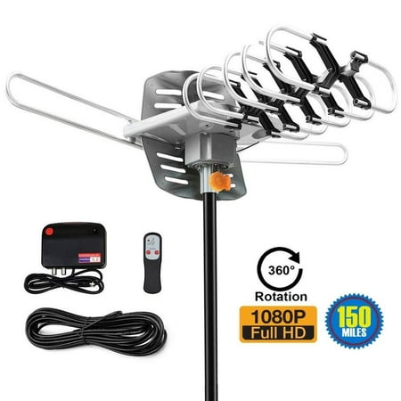 Outdoor Amplified Digital HDTV Antenna - 150 Mile Range - Motorized 360° Rotation - 33FT Coax Cable - Wireless Remote Control - UHF/VHF 4K 1080P