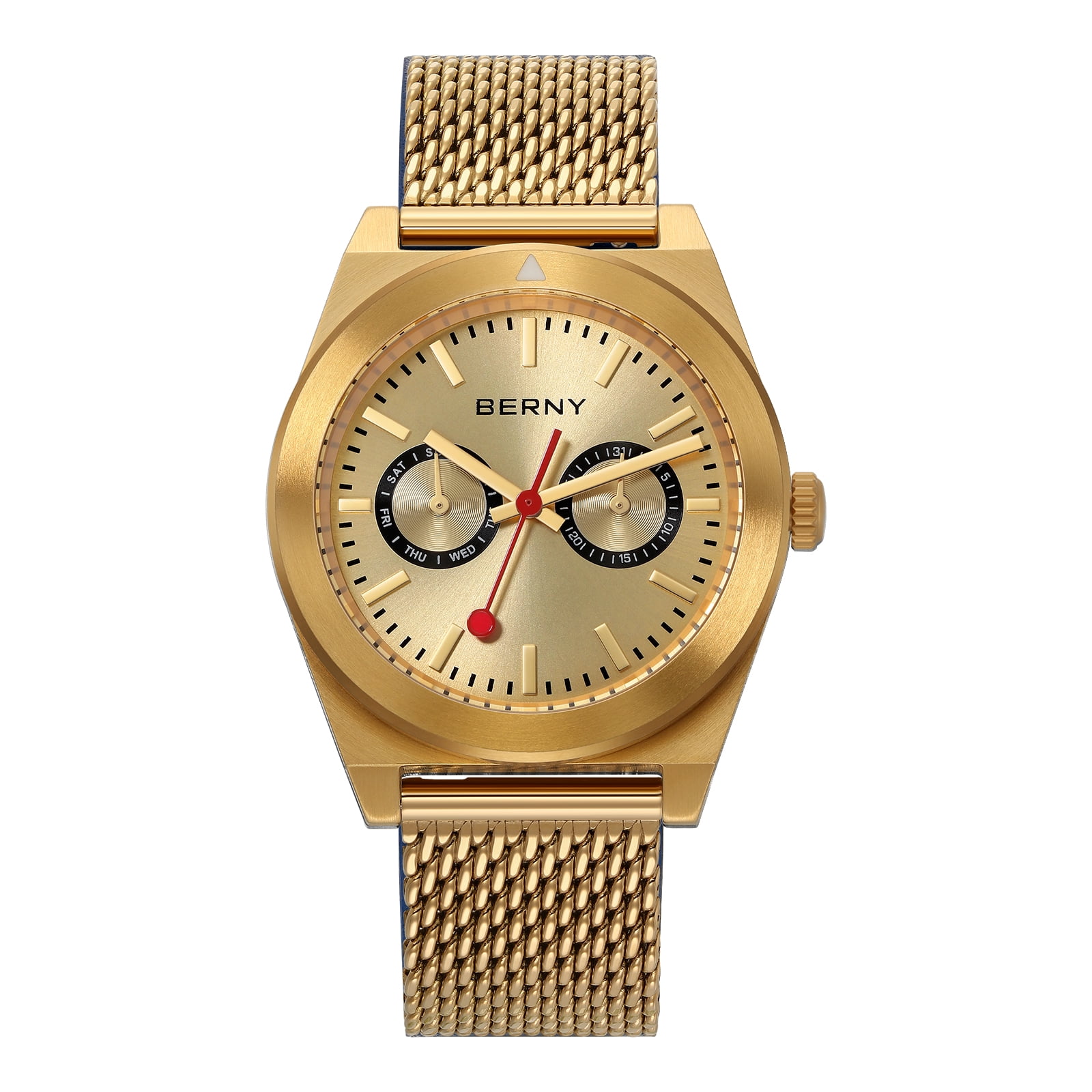 BERNY Gold Watches for Men, Classic Vintage Quartz Analog Watch with Day & Date Calendar, Stainless Steel Mesh Band, Luminous, Waterproof, Fashion Sport Casual Men's Wristwatch (Gold)