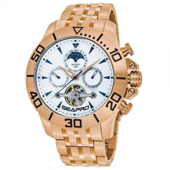 Seapro SP5135 Montecillo 50MM Chronographe pour Homme, Phase de Lune à 12 Heures Montre en Acier Inoxydable Ton Or Rose