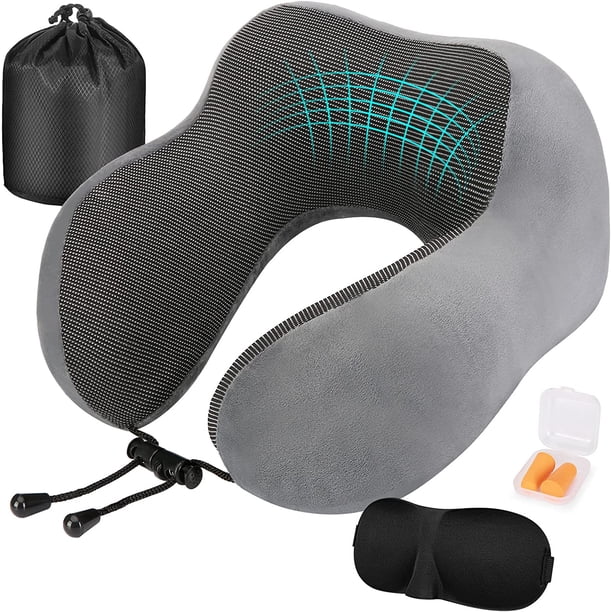 Marca Amazon: almohada de viaje Eono, almohada de espuma viscoelástica para el cuello, almohada de viaje para el cuello, perfecta para la oficina del coche del avión, incluye máscara para dormir, tapones para los oídos, bolsa de transporte ACTIVE Biensenido a ACTIVE