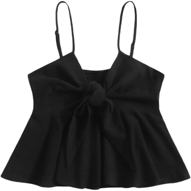 Blusa corta de peplum con volantes florales para mujer, estilo bohemio, con lazo frontal, sin mangas, cuello en V Negro puro G Negro puro G Xishao ropa