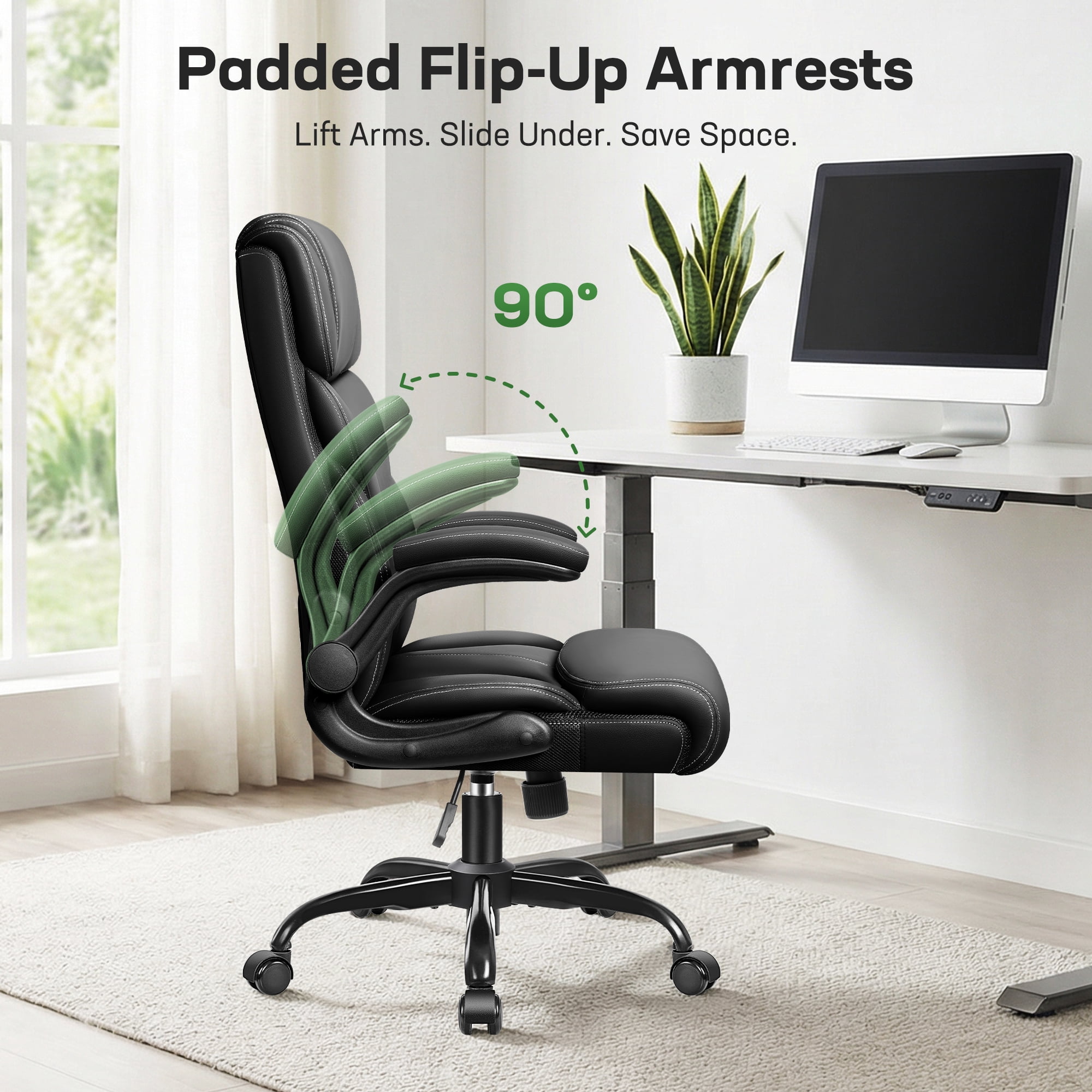 ATHOPE Leather Office Chair, Big and Tall Office Chair with Lumbar Support, High Back Executive Desk Chairs with Flip-up Armrest, Breathable PU Ergonomic Computer Chair, 360°Swivel Free, Black