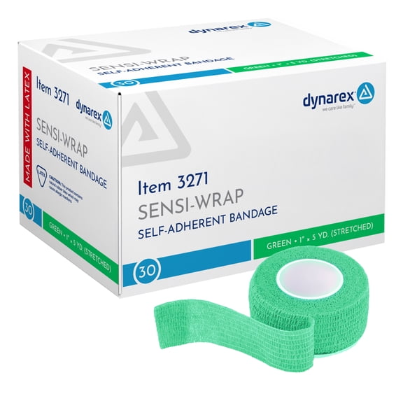 Dynarex Sensi Wrap, 30 Pack of Self Adhesive Bandage Wrap, 1"x 5 Yards, Green Color, Elastic Cohesive Bandage Wrap, Color Athletic Tape, Vet Wrap, Ankle Tape, Tattoo Grip Tape Wrap