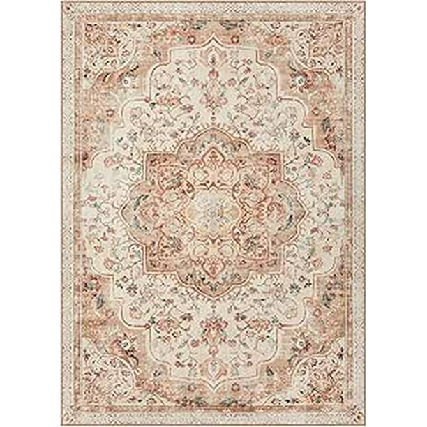 SONGMICS HOME Alfombra, Alfombra Antideslizante 153 x 214 cm para Dormitorio, Estilo Vintage, Lavable a Máquina, Beige Capuchino