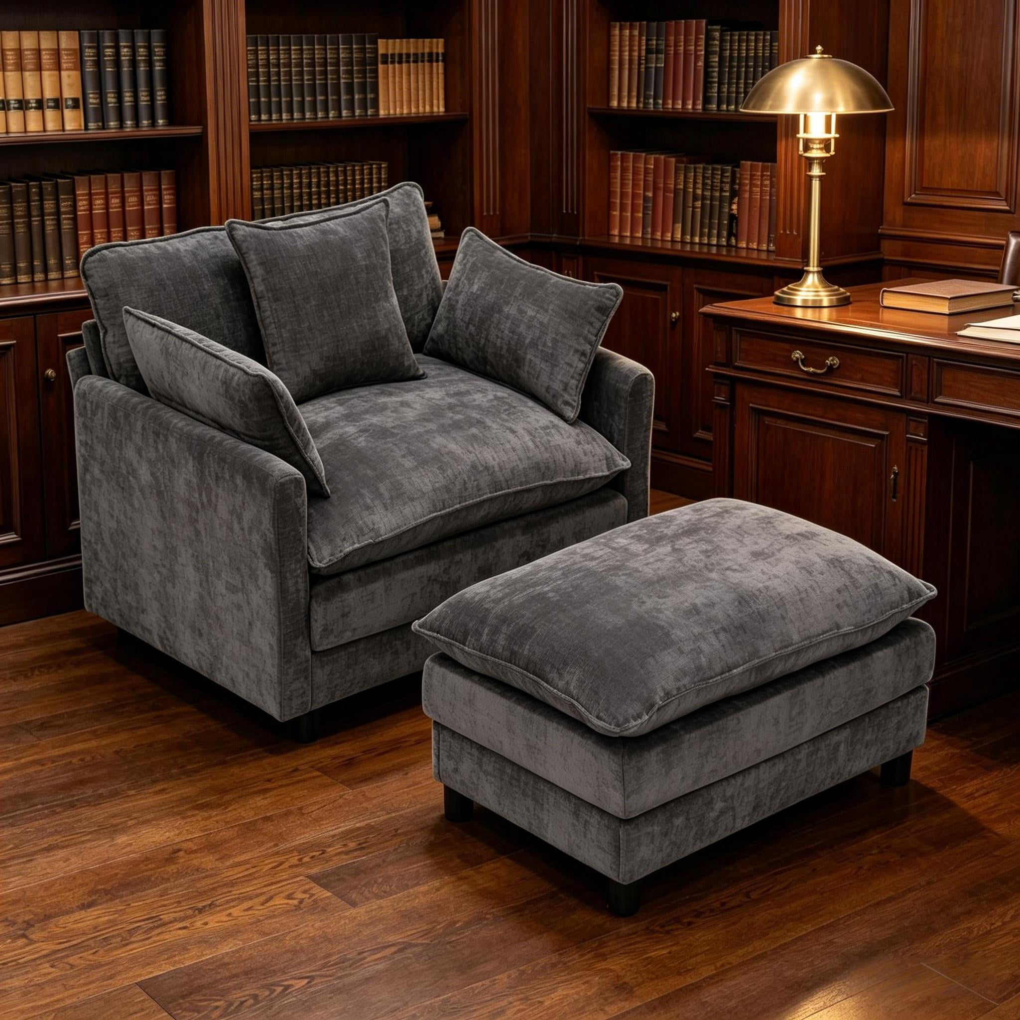 Howcool 39.4" Modern Chenille Accent Chair with Ottoman, Upholstered Club Armchair Reading Chair for Living Room Bedroom