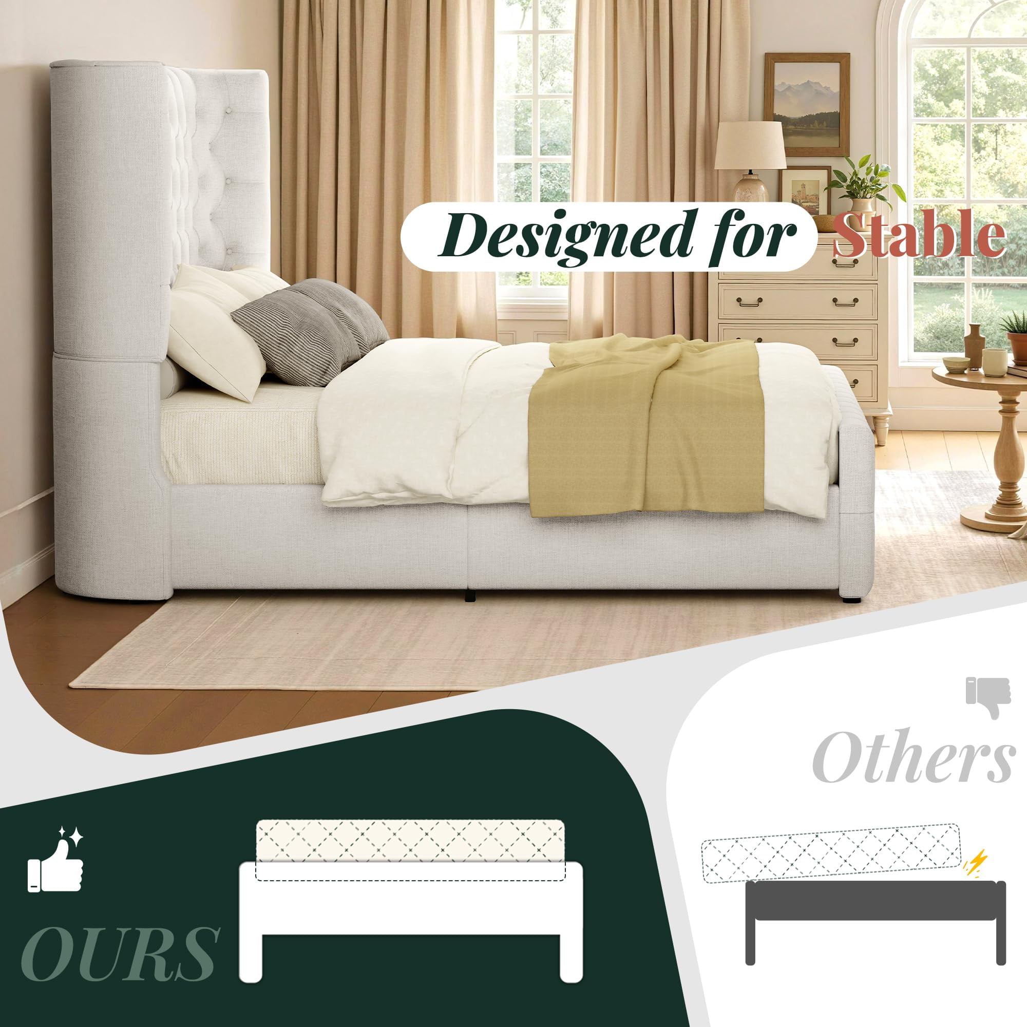 Amerlife King Bed Frame with 49” Upholstered Wingback Headboard, Noise-Free Platform Bed with Steel Frame and Slip-Resistant Edges, White