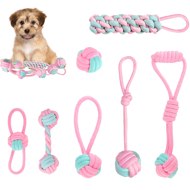 LECHONG Durable Puppy Chew Toys, 7Pack Interactive Dog Rope Toys for Puppies Small Dogs, Pink