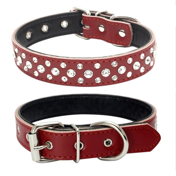 Collar de perro personalizado de cuero con cristales brillantes y cierre de diamantes de imitación dorados.