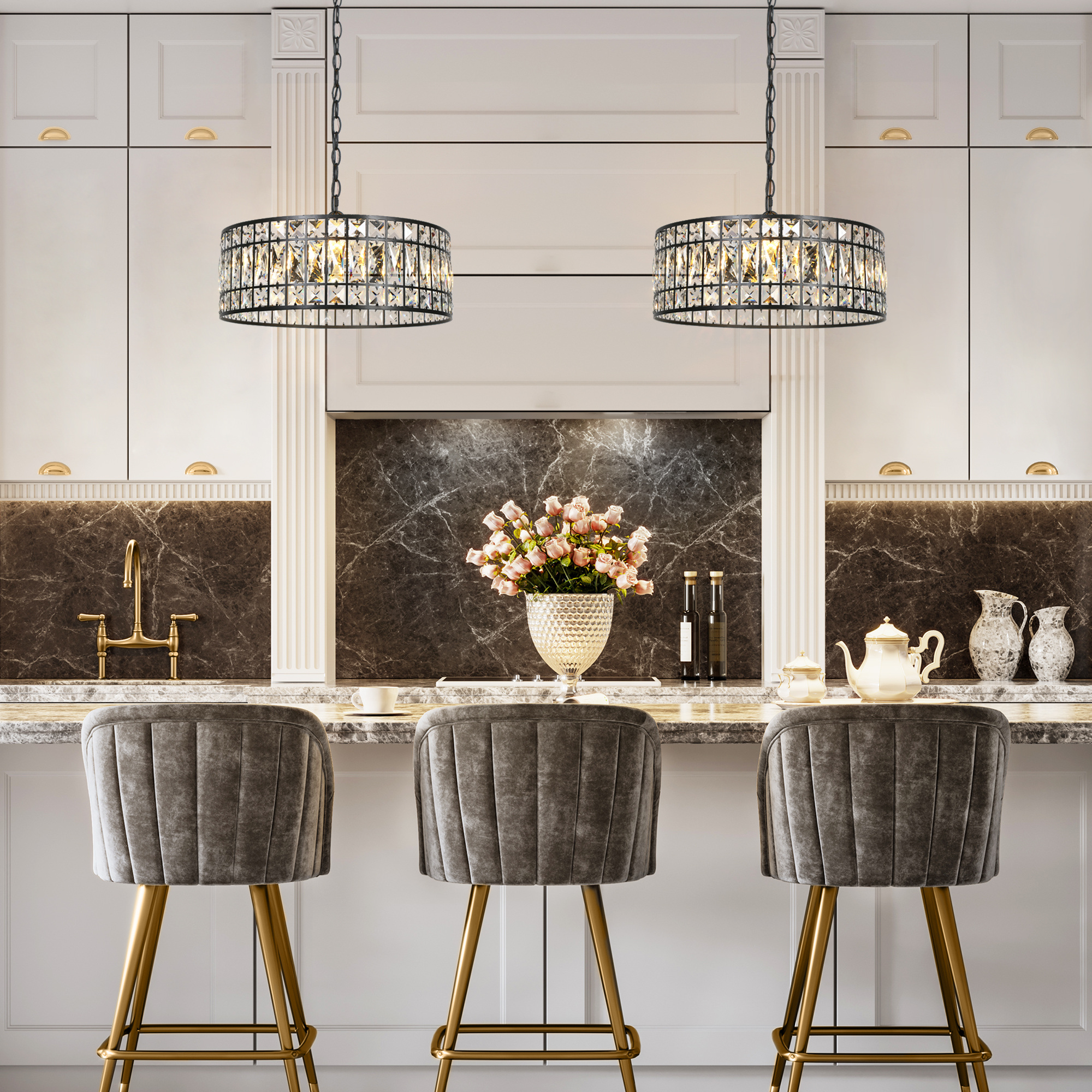 LNC 18" Modern Crystal Drum Chandelier with Matte Black Frame for Dining Room or Foyer