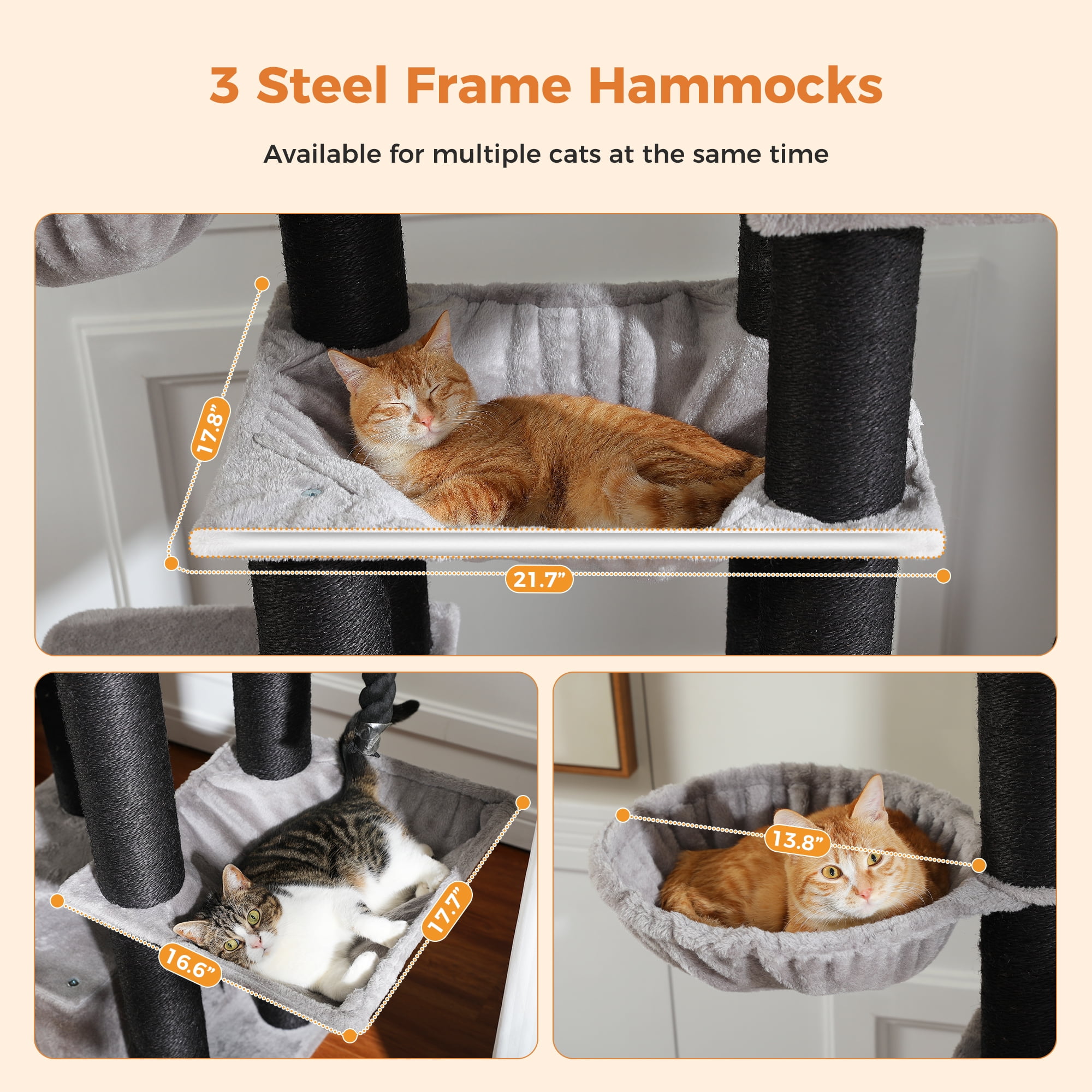 PAWZ Road 67" Extra Large Cat Tree, Thick Scratching Posts Multi-level Cat tower with 3 Hammocks, Black