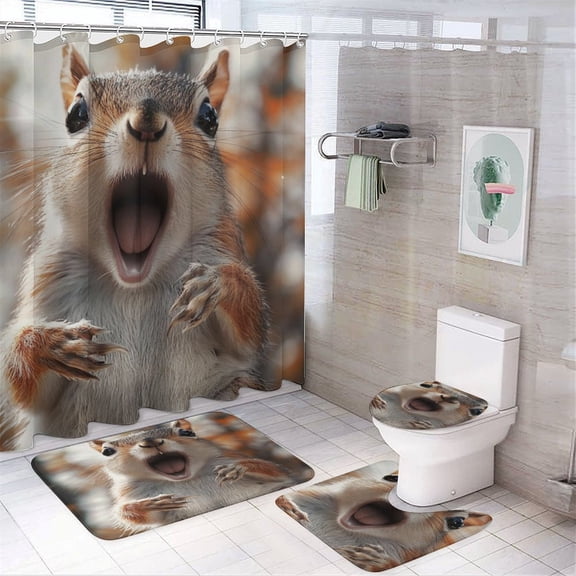 4 Pcs Shower Curtain Sets Shower Curtain Set with Non-Slip Rugs Toilet Lid Cover And Bath Mat Funny Screaming Squirrel Waterproof Fabric Bath Curtains Gifts for Squirrel Lovers for Bathroom Decor