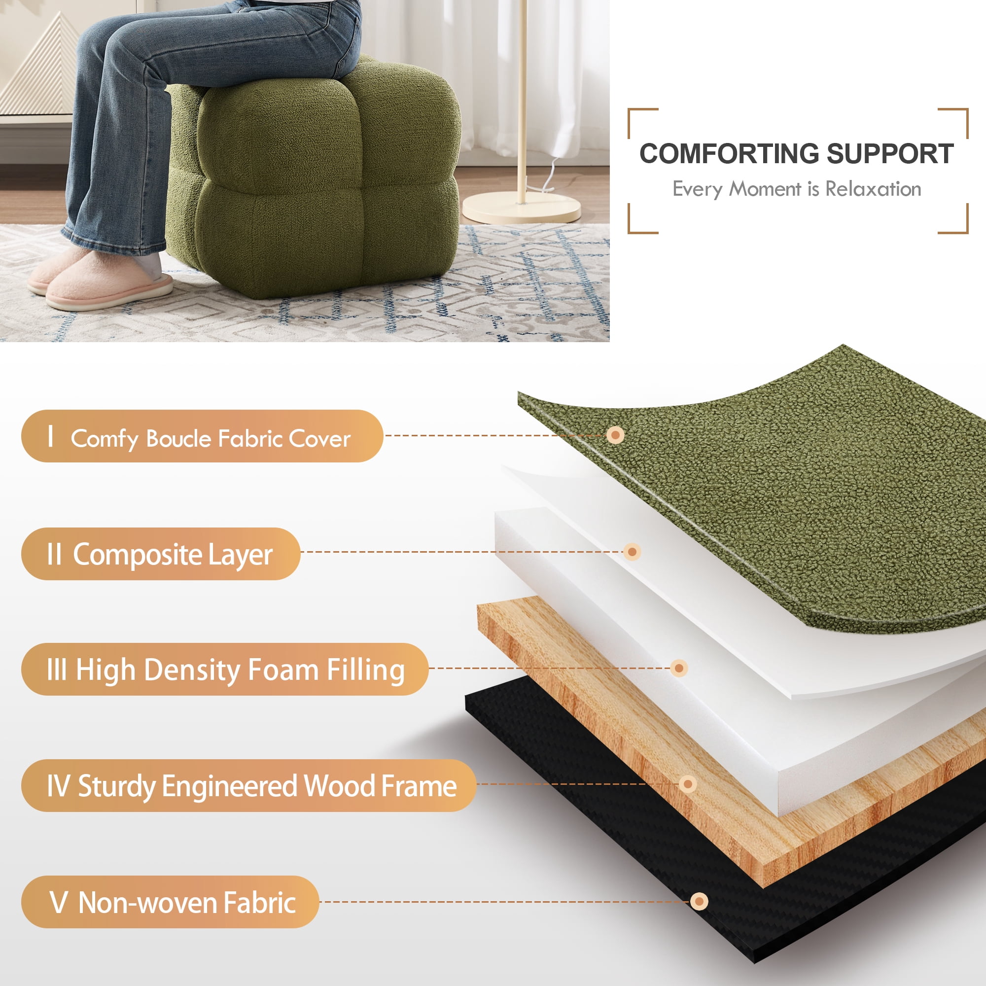 Zesthouse 20.9″ Wide Boucle Ottoman, Modern Foot Stool, Square Upholstered Tufted Ottoman Coffee Table, Extra Seating for Living Room Bedroom, Green
