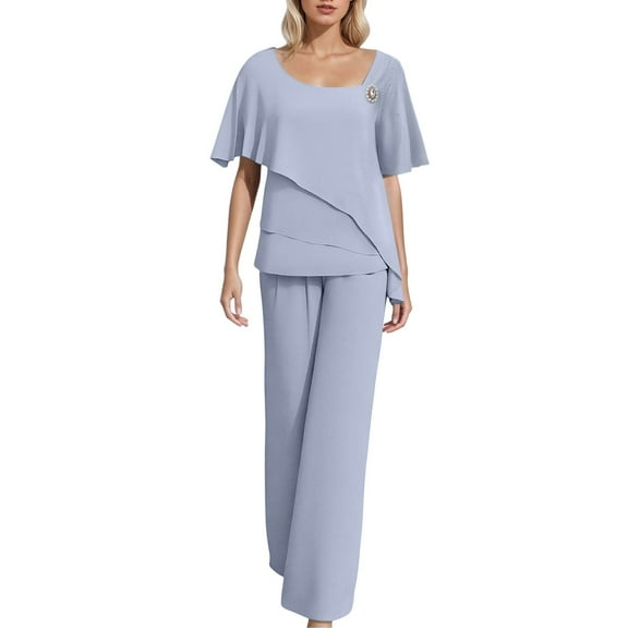 HJYCHN Women's Spring Outfits Chiffon Solid Color Loose Fashion Trouser Suit for Seasonal Wear Blue L