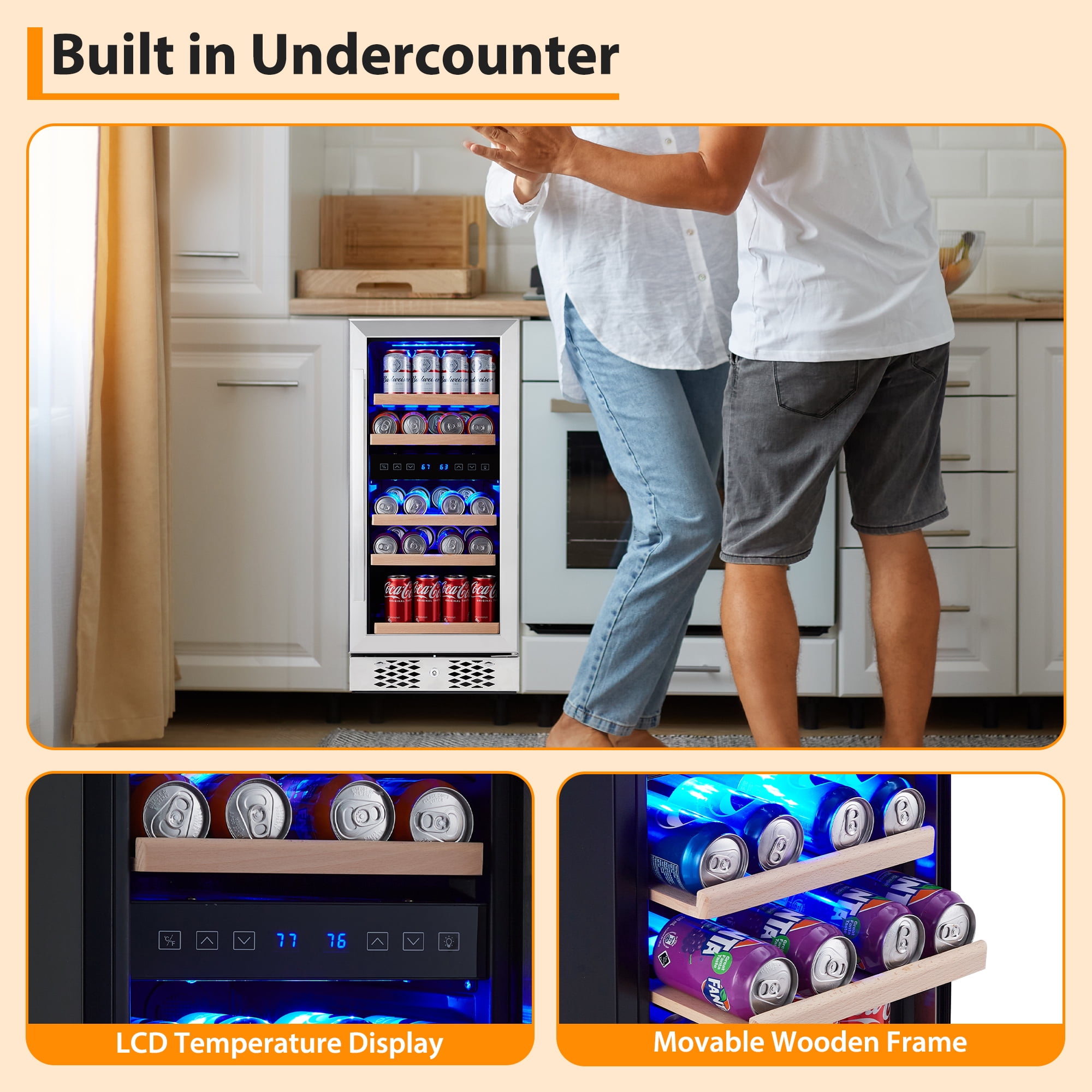 96 Cans Beverage Refrigerator, 15 Inch Built-In Lockable Mini Fridge with Tempered Glass Door, 38-66℉ Temperature Control, Freestanding Drink Cooler with Blue Led Light for Home