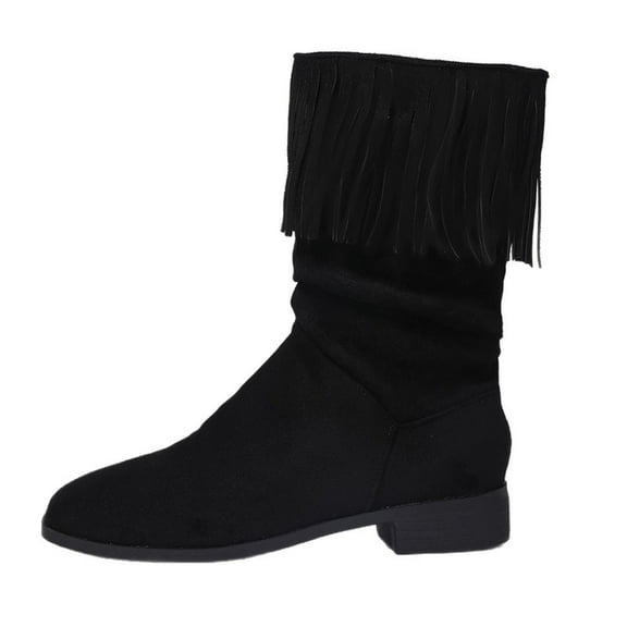 Xfvqtps Womens Boots Mid Calf Tassels Round Toe Low Heel Pull on Suede Fashion Casual Boots Black